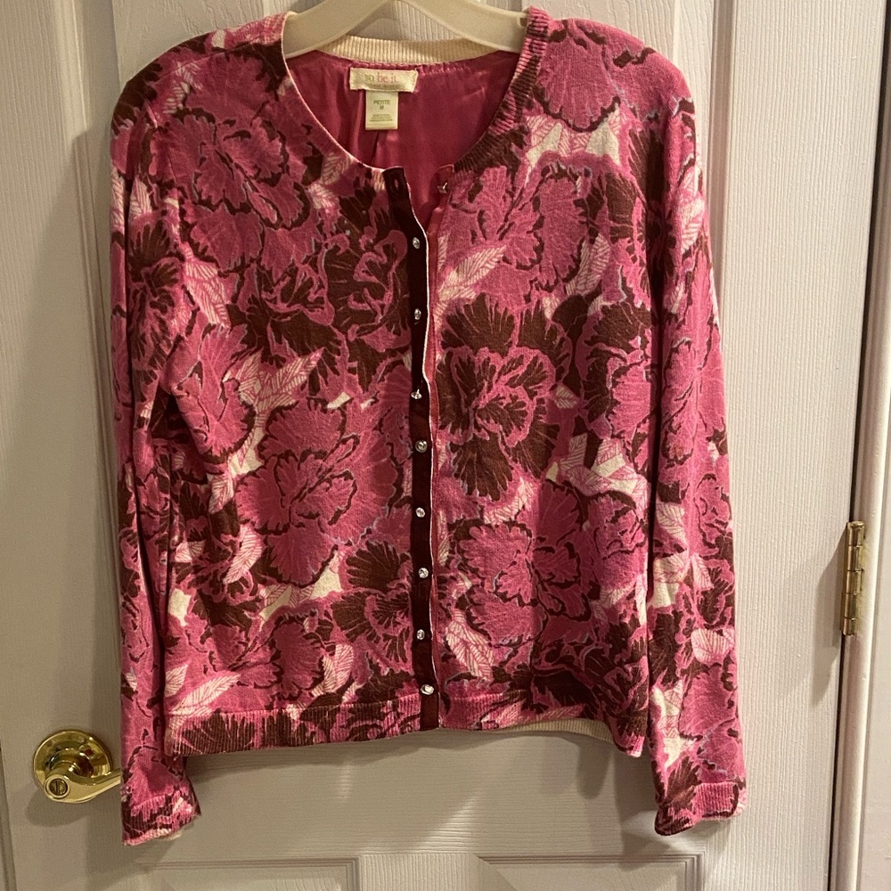 Sigrid Olsen Pink & Brown Floral Cardigan w rhinestone button, satin lining EUC